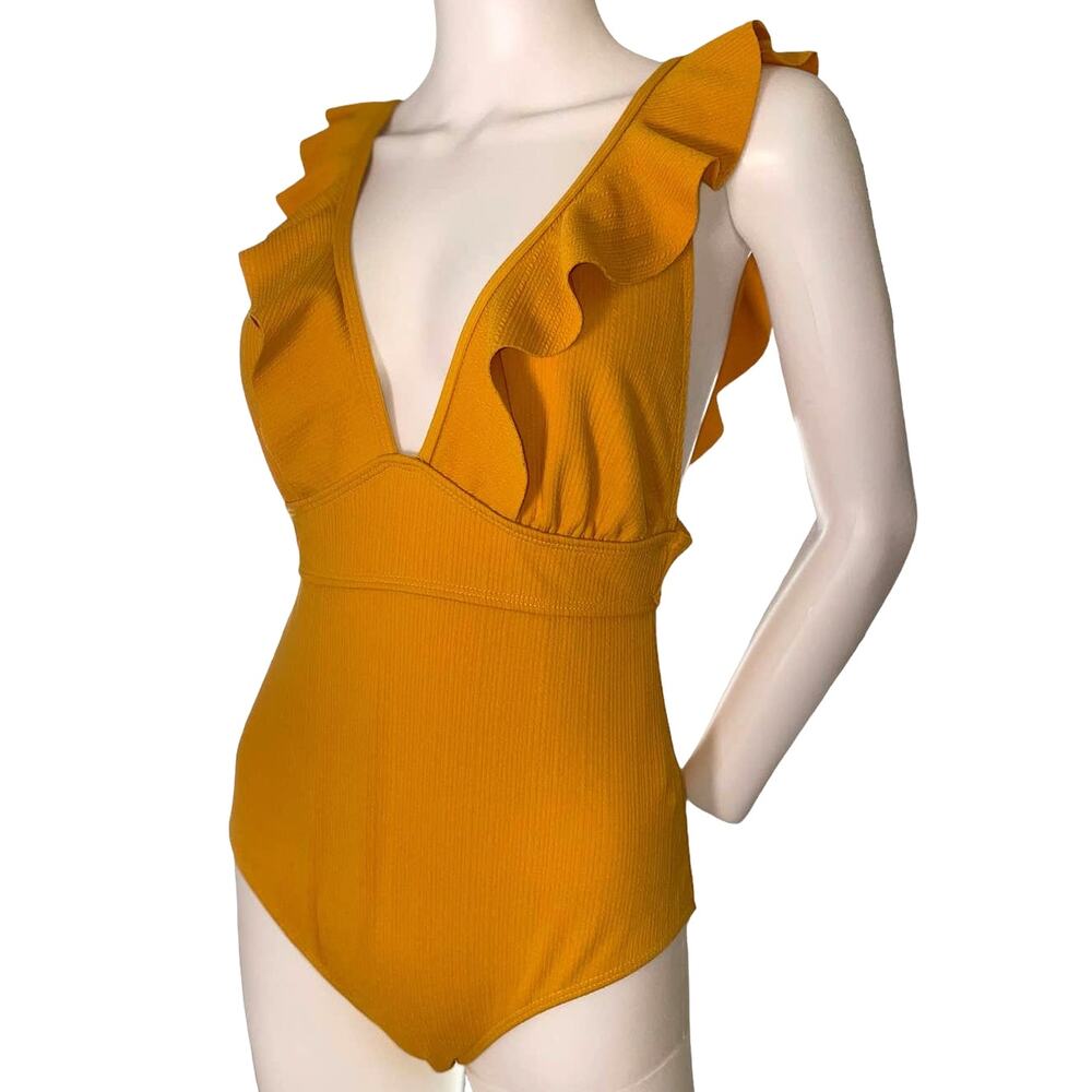 Sunset Yellow Ruffle Swimsuit, Medium, Ruffles and lace up. Deep V cleavage.β